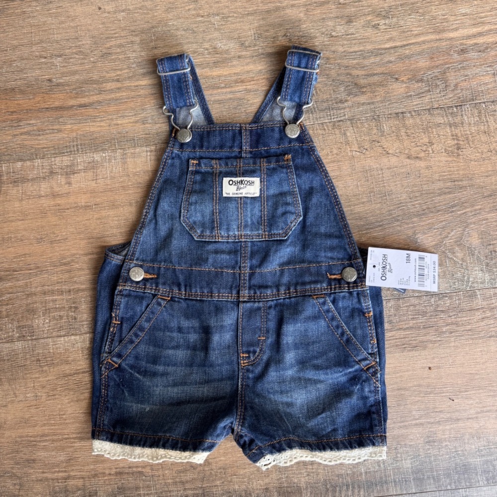 NWT OshKosh B'gosh Baby Girls Denim Shortalls Vestbak Shorts Eyelet Trim 18M